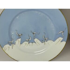 Vintage Mitsu-Boshi Japan Porcelain Heron Plate Blue White Gold Rim 7 inch Set